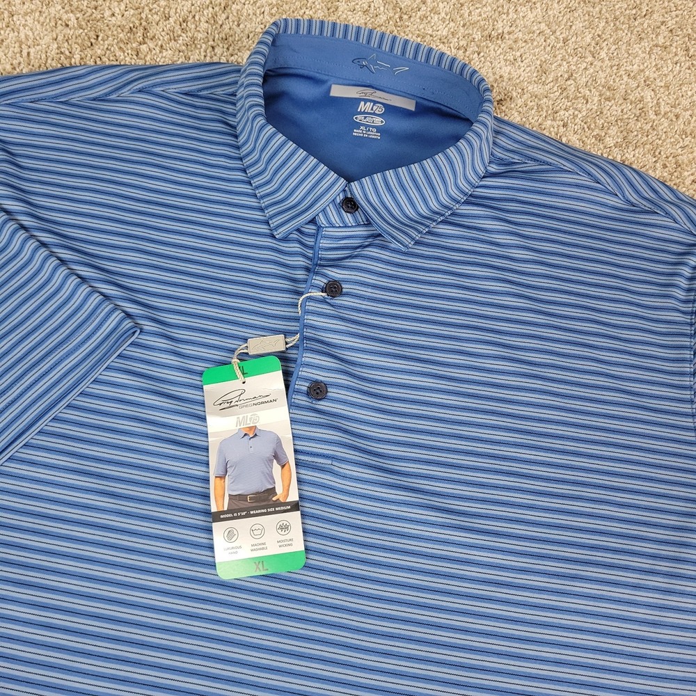 NWT Greg Norman Mens XL Blue Striped Performance Stretch Golf Polo Short Sleeve